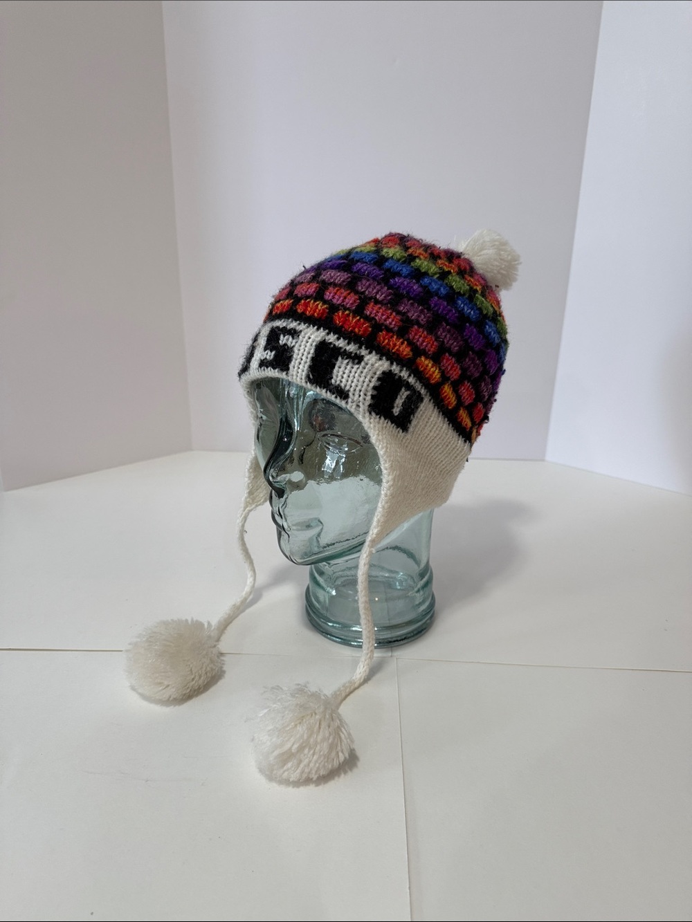 CUSCO Colorful Knit Earflap Beanie with Pom Poms